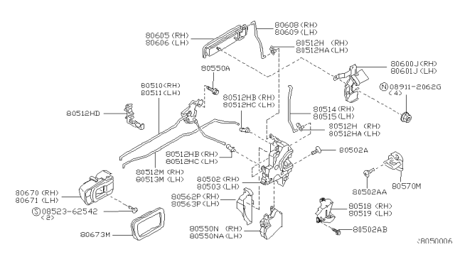 2001 Nissan Xterra Rear Door Inside Handle Assembly Right Diagram for 80670-8Z400