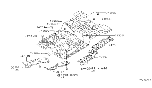 2002 Nissan Xterra INSULATOR-Heat,Rear Floor Diagram for 74763-7Z000