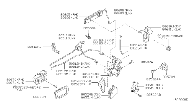 2003 Nissan Xterra Front Door Lock & Handle Diagram