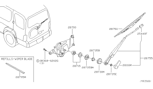 2002 Nissan Xterra Rear Window Wiper Arm Assembly Diagram for 28780-7Z000