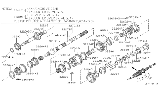 2002 Nissan Xterra Gear Set-Main & Counter Drive Diagram for 32200-3S454