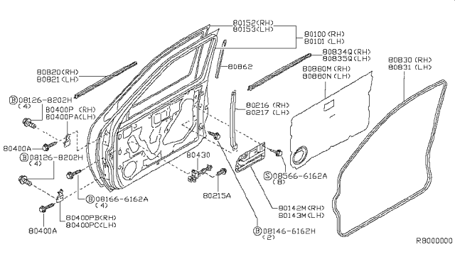 2001 Nissan Xterra Front Door Panel & Fitting Diagram 2