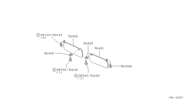 2001 Nissan Xterra Right Sun Visor Assembly Diagram for 96400-7Z001