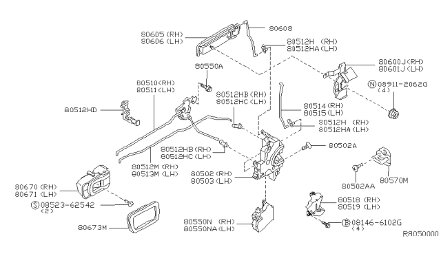 2001 Nissan Xterra Front Door Lock & Handle Diagram 1