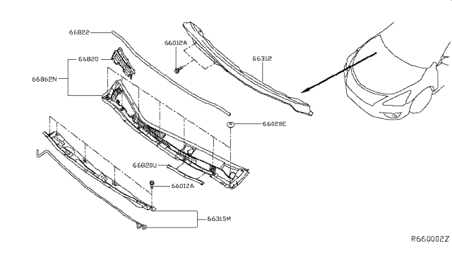 2015 Nissan Sentra Cap COWL Top Grille Diagram for 66820-3SG0B