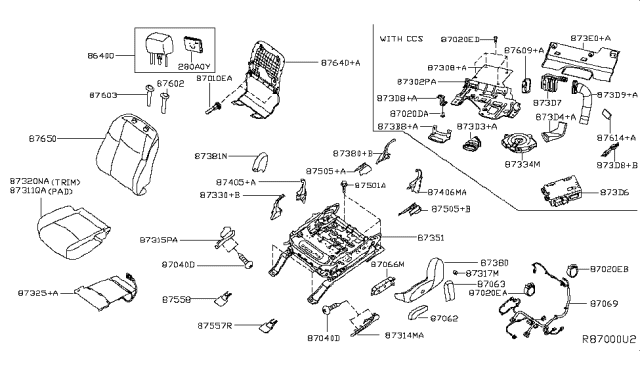 2014 Nissan Pathfinder Knob Switch Front Seat Slide Passenger Side Diagram for 87012-JM01D