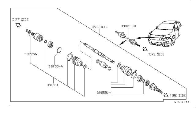 2019 Nissan Pathfinder Shaft Assy-Front Drive,LH Diagram for 39101-3JA3A