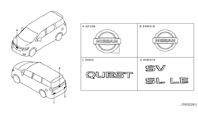 2013 Nissan Quest Rear Emblem Diagram for 90896-1JE0A