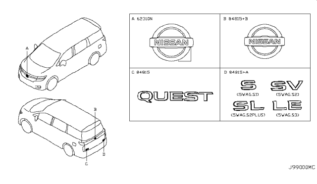 2012 Nissan Quest Emblem & Name Label Diagram