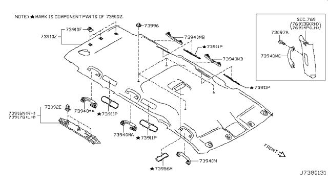 2012 Nissan Quest Bracket-Roof Side Garnish Diagram for 73956-1JA0A