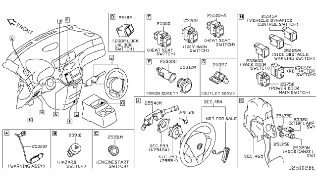 2013 Nissan Quest Switch Assy-Combination Diagram for 25560-3XA2C