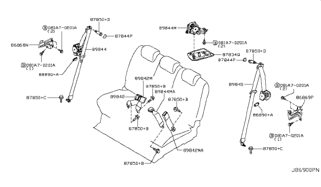 2013 Nissan Quest Tongue Belt Assembly, 3Rd Seat Left Diagram for 89845-1JA3A