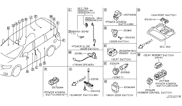 2017 Nissan Quest Switch Assy-Power Window,Assist Diagram for 25401-1JA5D