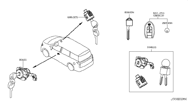 2012 Nissan Quest Key Set Diagram for 99810-1JA0A