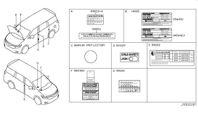 2017 Nissan Quest Label-Parts Content Diagram for 990A2-6AX0A