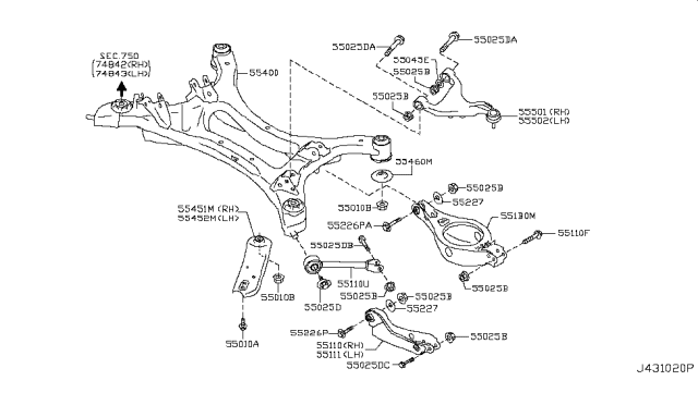 2014 Nissan Quest Member Complete - Rear Suspension Diagram for 55400-1JA0A