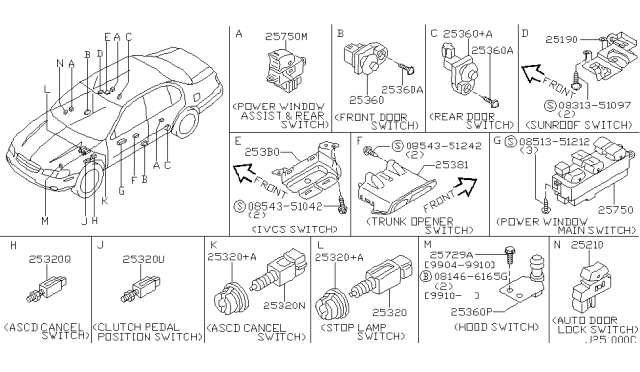 2000 Nissan Maxima Switch Assy-Trunk Opener Diagram for 25380-2Y000