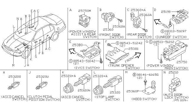 2001 Nissan Maxima Switch Assy-Power Window,Main Diagram for 25401-5Y700