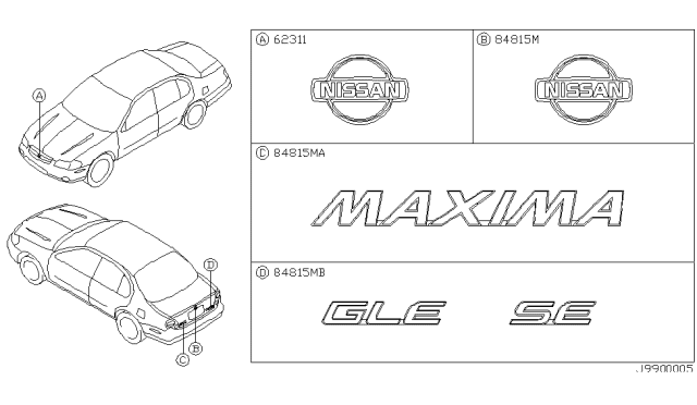 2000 Nissan Maxima Emblem & Name Label Diagram 1