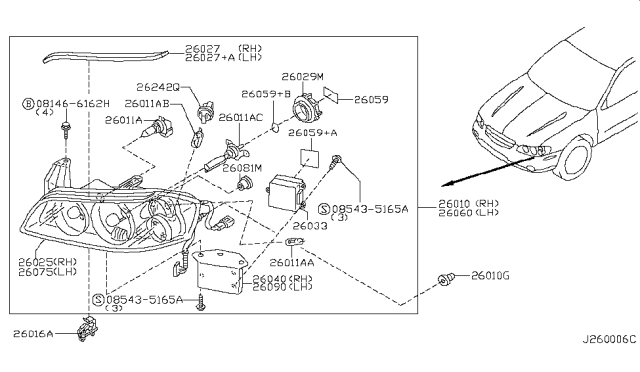 2002 Nissan Maxima Driver Side Headlight Assembly Diagram for 26060-2Y926