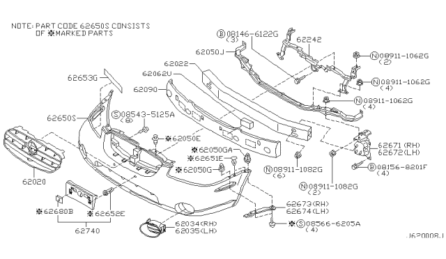 2002 Nissan Maxima Retainer-Front Bumper,Upper Diagram for 62290-2Y900