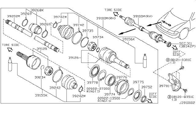 2001 Nissan Maxima Shaft Assy-Front Drive,RH Diagram for 39100-5Y815