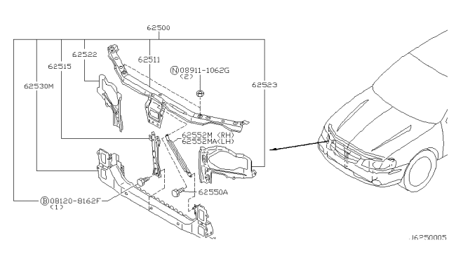 2002 Nissan Maxima Support Assy-Radiator Core Diagram for 62500-5Y000