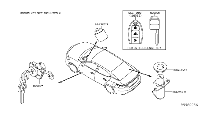 2016 Nissan Maxima Key Set-Cylinder Lock Diagram for 99810-4RA0A