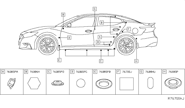 2018 Nissan Maxima INSULATOR Body Side Diagram for 76884-9DD0A
