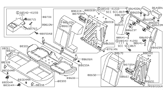 2012 Nissan Maxima Rear Seat Armrest Assembly Diagram for 88700-9DC2E