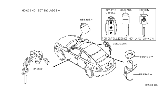 2013 Nissan Maxima Key Set & Blank Key Diagram