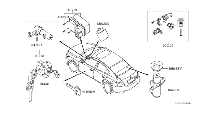 2009 Nissan Maxima Cylinder Set-Glove Box Lid Lock Diagram for F8632-9N00A