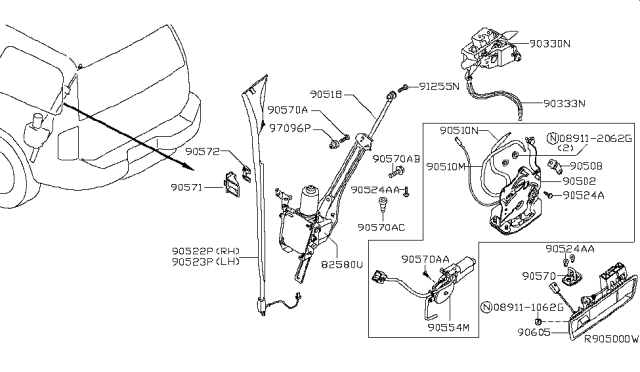 2007 Nissan Armada Back Door Handle Assembly Diagram for 90606-7S018