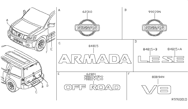 2007 Nissan Armada Side Rear Name Label Diagram for 99099-7S005