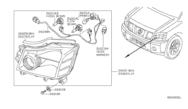 2011 Nissan Armada Passenger Side Headlamp Assembly Diagram for 26010-ZQ00A