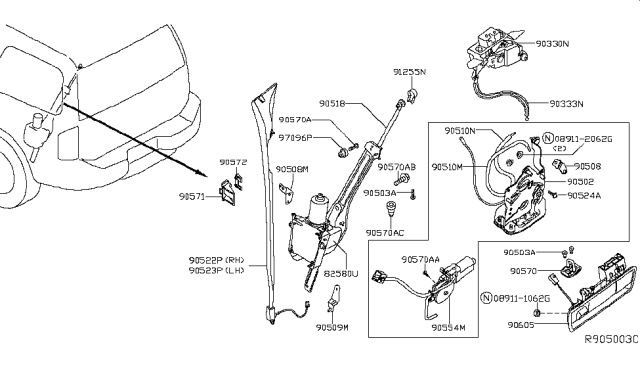 2014 Nissan Armada Back Door Lock Assembly Window,Hatch Diagram for 90330-ZZ90A