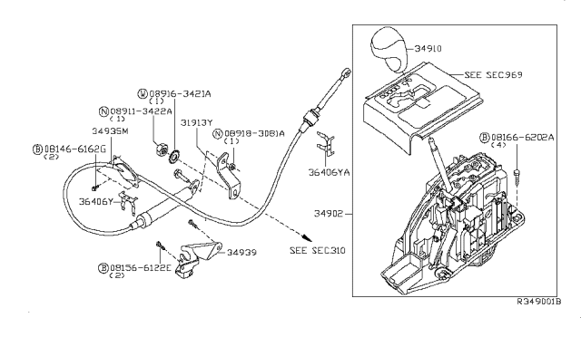 2007 Nissan Armada Control Cable Assembly Diagram for 34935-7S000