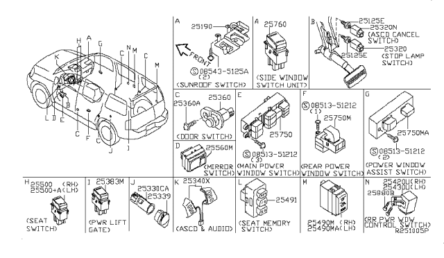 2009 Nissan Armada Switch Assy-Power Seat Diagram for 25490-ZQ02A