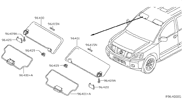 2013 Nissan Armada Driver Side Sun Visor Assembly Diagram for 96401-ZQ00B