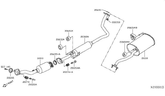 2014 Nissan Versa Note Exhaust Tube & Muffler Diagram