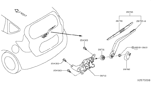 2015 Nissan Versa Note Rear Window Wiper Arm Assembly Diagram for 28780-3WC0A