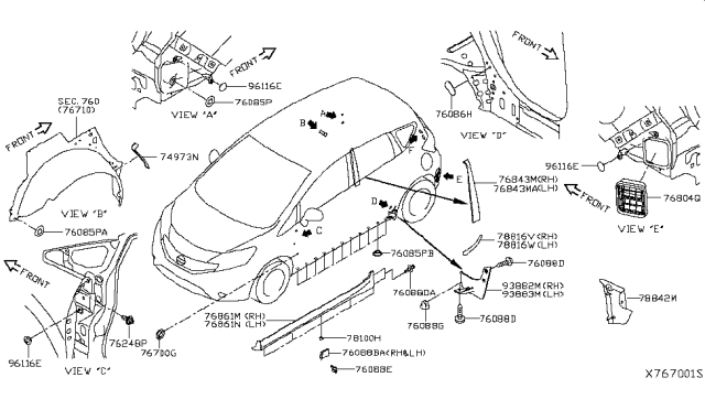 2017 Nissan Versa Note Clip Diagram for 76882-AZ100