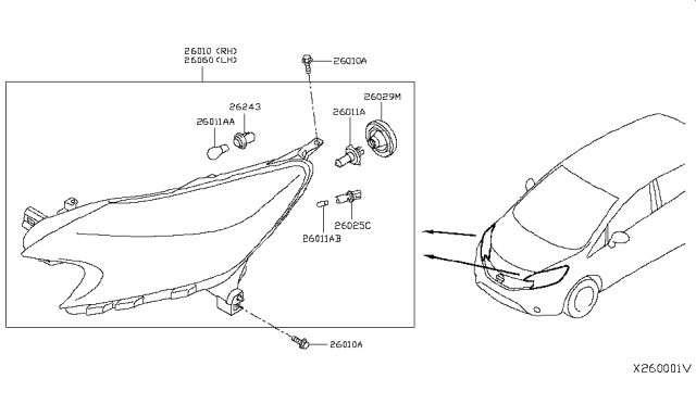 2018 Nissan Versa Note Headlamp Assembly-Passenger Side Diagram for 26010-9ME0A