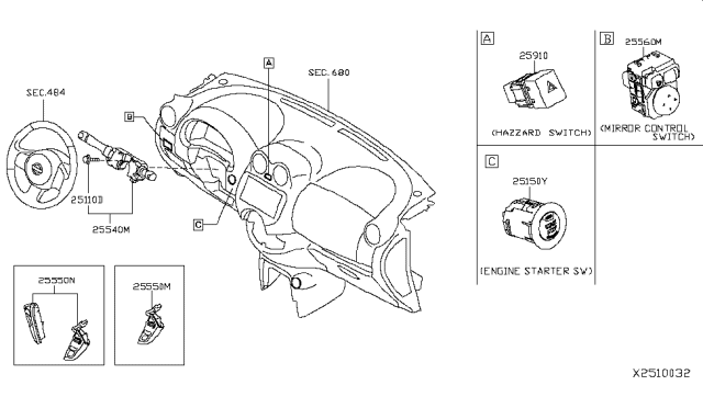 2015 Nissan Versa Note Switch Assy-Combination Diagram for 25560-3VA0E