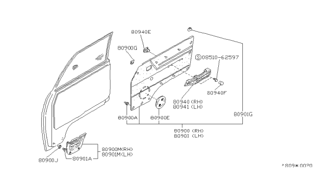 1990 Nissan Van FINISHER Assembly Front Door LH Red Diagram for 80901-17C68