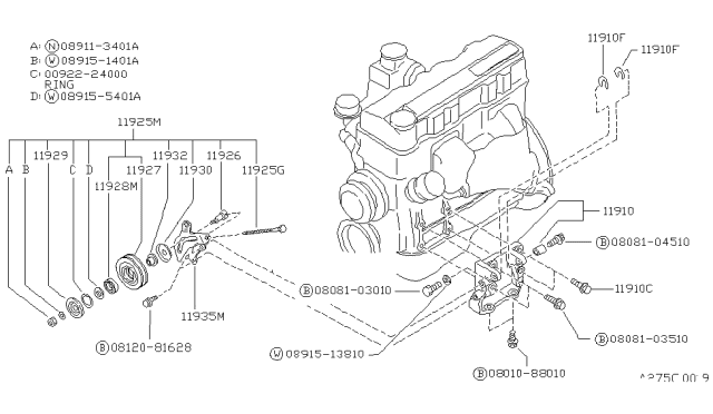 1990 Nissan Van Bearing-Ball,Idler Pulley Diagram for 11924-T5500