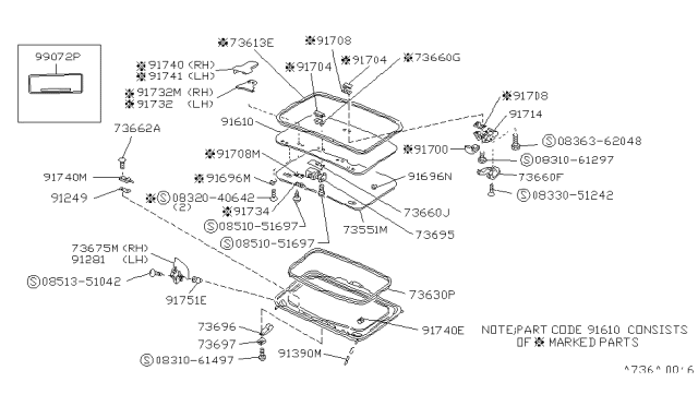 1988 Nissan Van Glass Sunroof Diagram for 73806-G5100