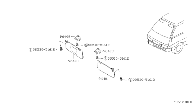 1987 Nissan Van Right Sun Visor Assembly Diagram for 96400-17C02