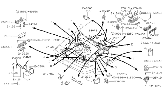 1988 Nissan Pulsar NX Harness Assembly Engine Room Sub Diagram for 24077-84M00