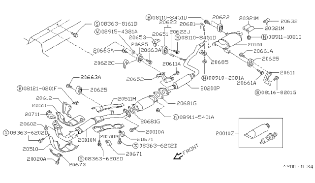 1987 Nissan Pulsar NX Exhaust Muffler Assembly Diagram for 20100-69A65